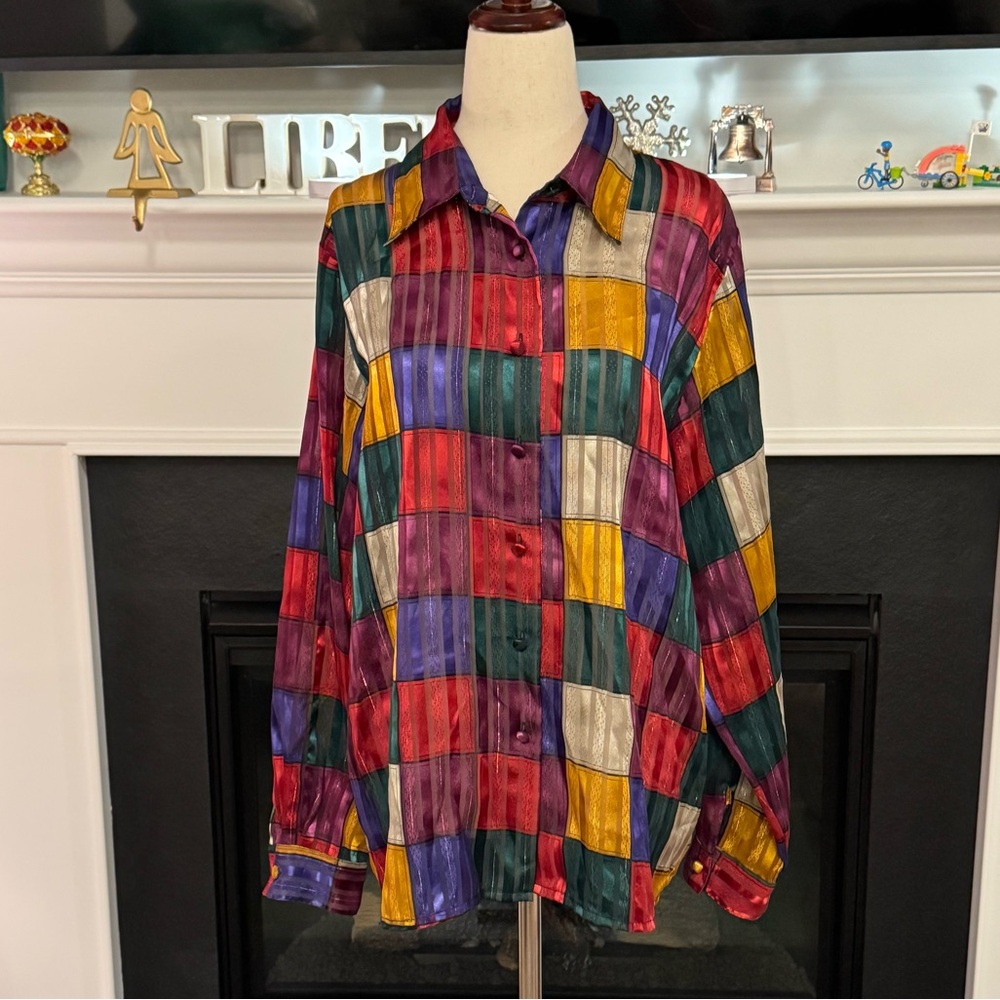 Vintage Yves St. Clair Multicolor Metallic Check Blouse (Size L)